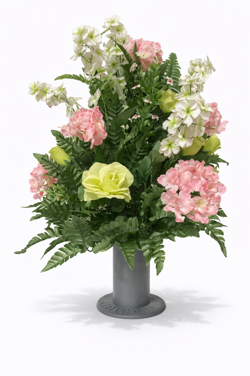 Artificial flower arrangement with white, pink, and yellow flowers in a gray vase against a white background.