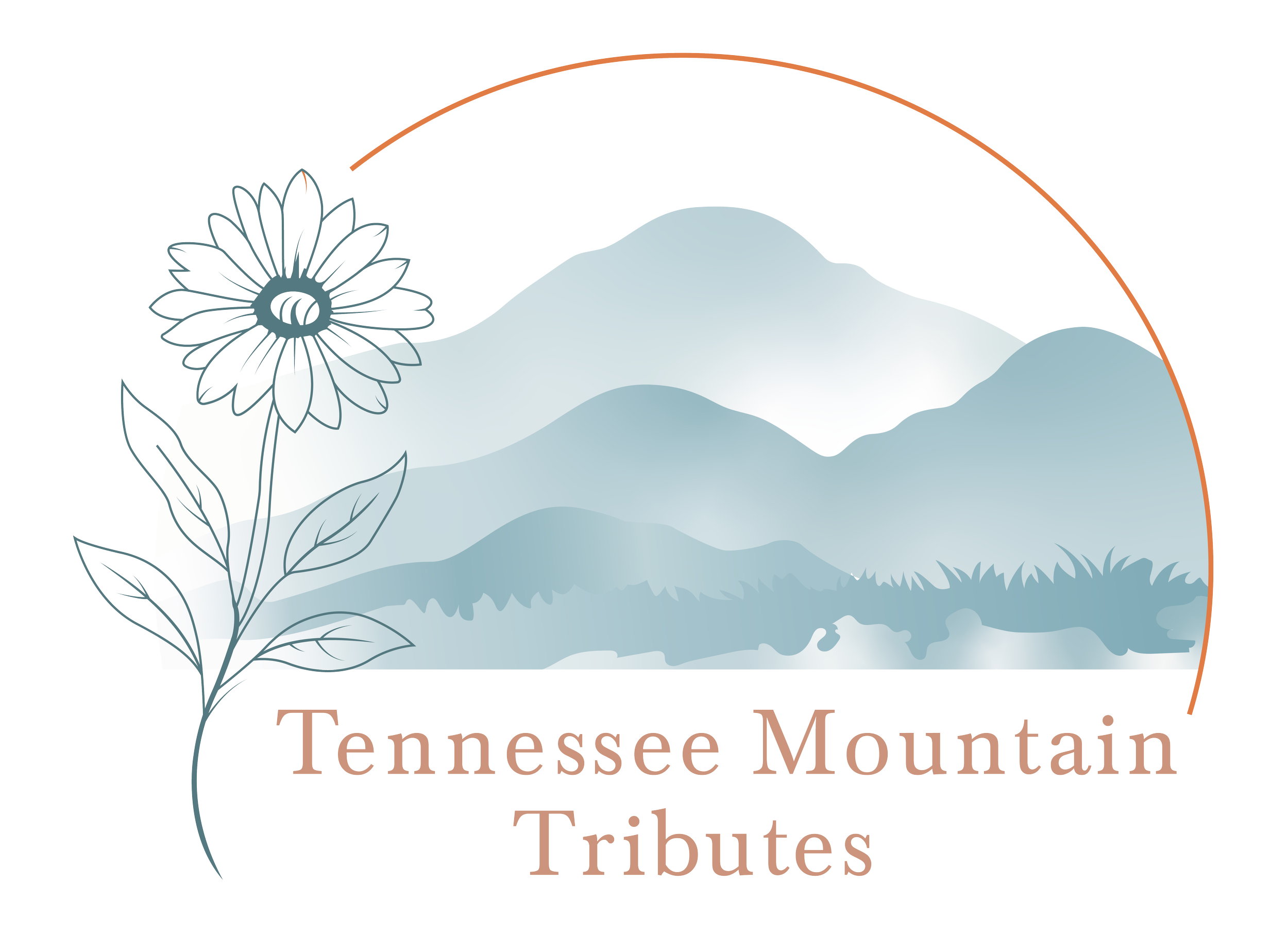Design featuring a stylized mountain landscape with layered shades of blue, a sunflower on the left, and text that reads 'Tennessee Mountain Tributes' at the bottom.
