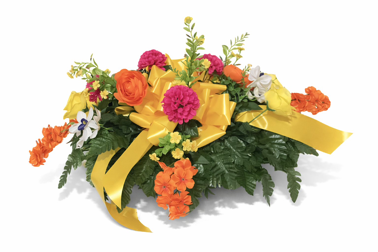 Colorful flower arrangement with pink, orange, yellow, and white flowers, green leaves, and a yellow ribbon bow.