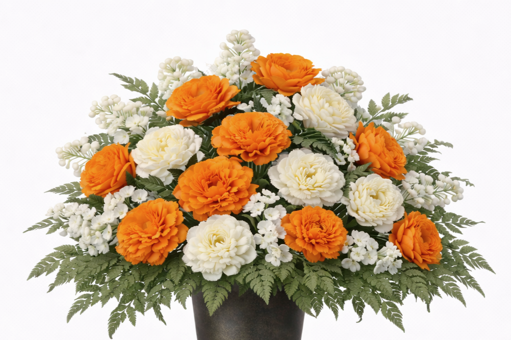 A flower arrangement with white and orange flowers, green fern leaves, in a black vase.