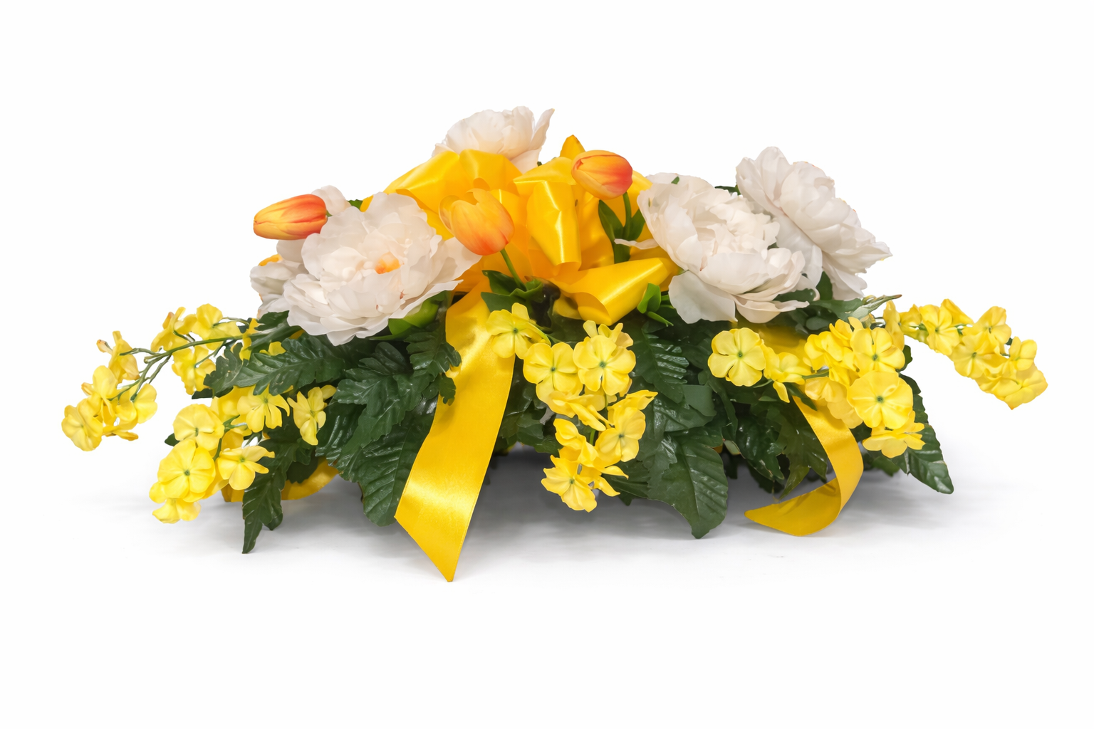 A floral arrangement with white peonies, yellow flowers, small orange tulips, green leaves, and a yellow ribbon against a white background.