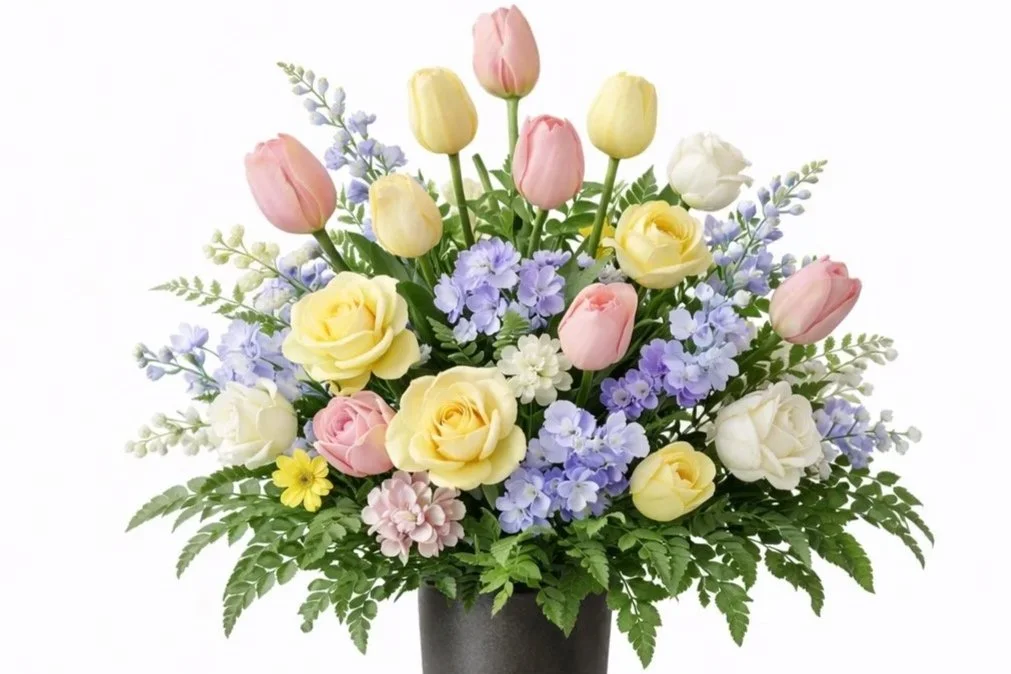 A colorful bouquet of pink, yellow, and white tulips, purple and white small flowers, and green foliage in a black vase.