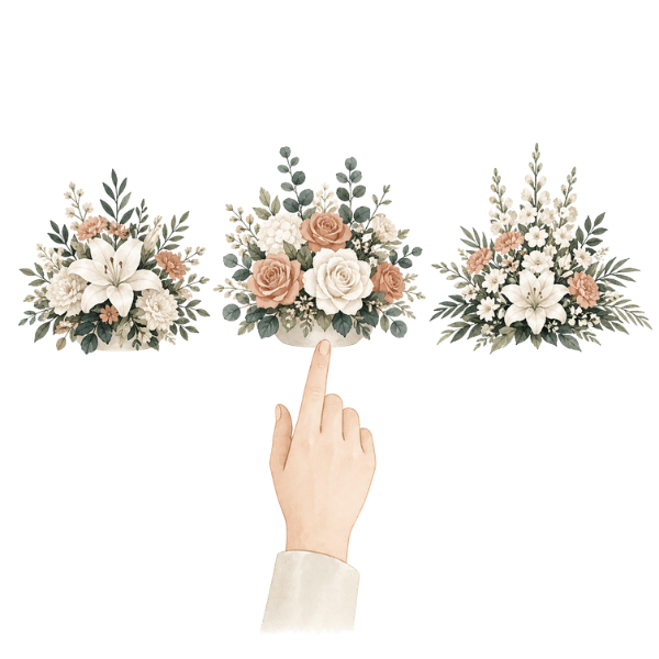 A hand wearing a white sleeve points to a bouquet of white and beige flowers with green leaves, flanked by two similar floral arrangements against a black background.