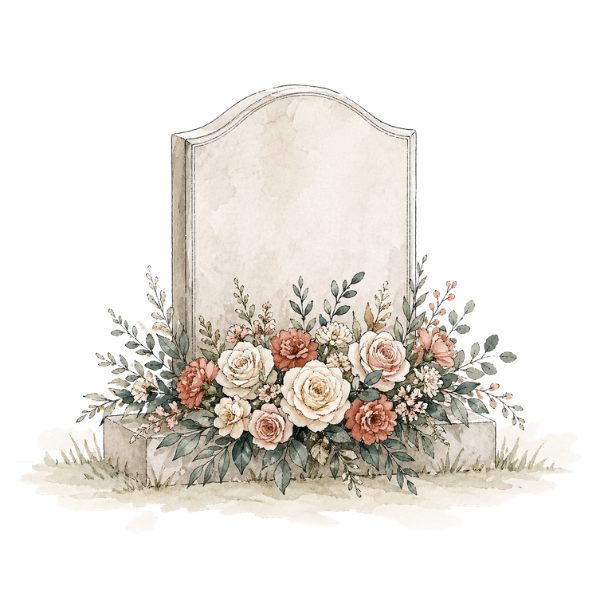 A blank, arched marble tombstone surrounded by a floral arrangement of roses, peonies, and greenery on a white cloth.