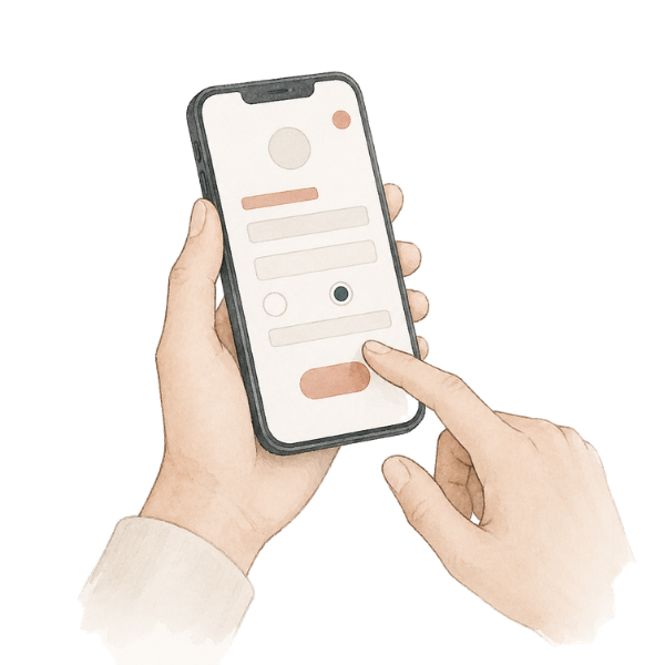 Person holding a smartphone with a messaging app open on the screen, finger tapping a button.