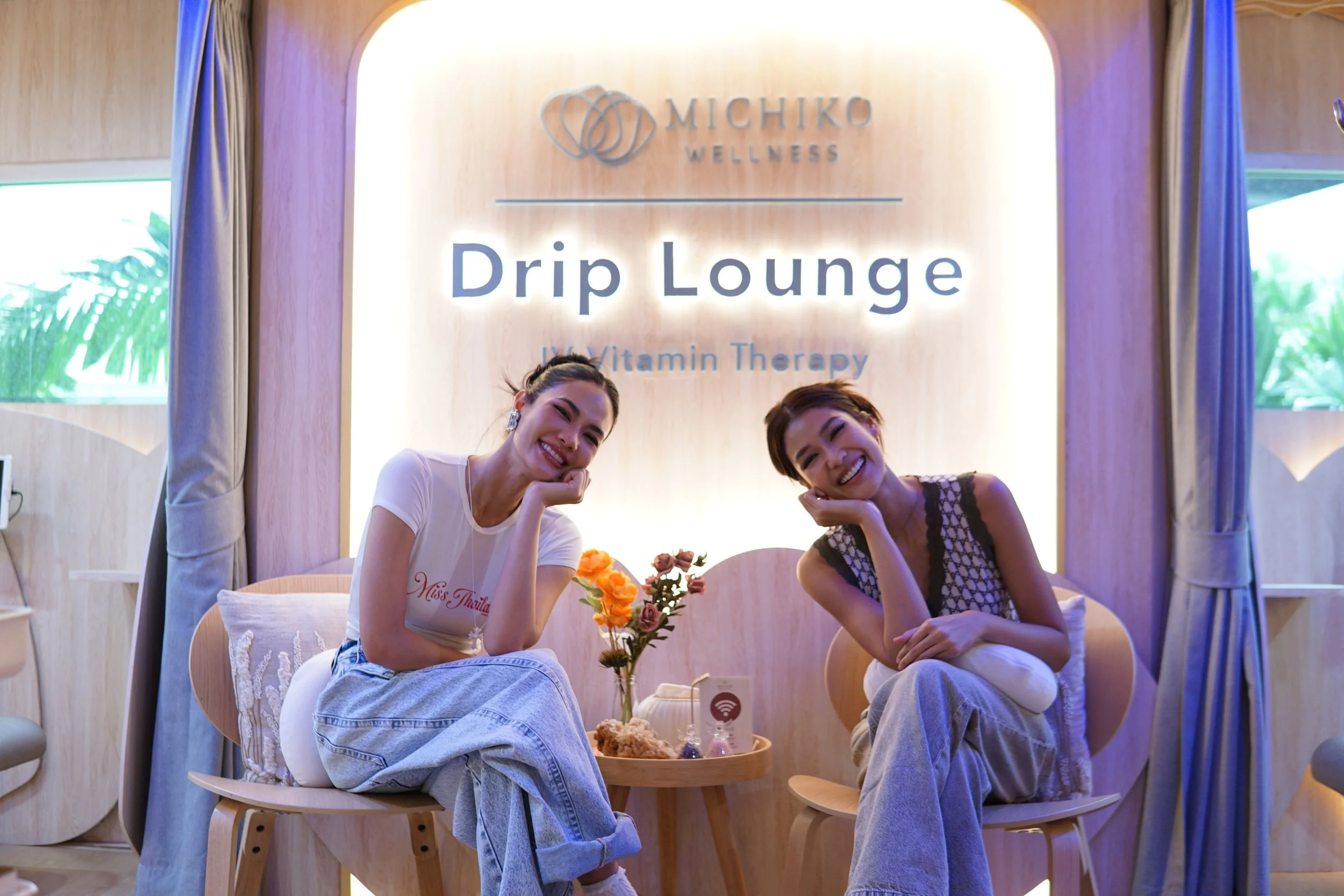 Miss Universe Thailand Nat and Namtarn getting an NAD+ IV Drip at MICHIKO Wellness in Bangkok, the place to get IV Drips near EmSphere and Phrom Phong