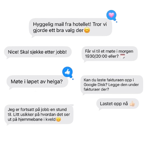 En tekstbasert chat mellom flere personer som snakker om hotell, jobb, møte, faktura