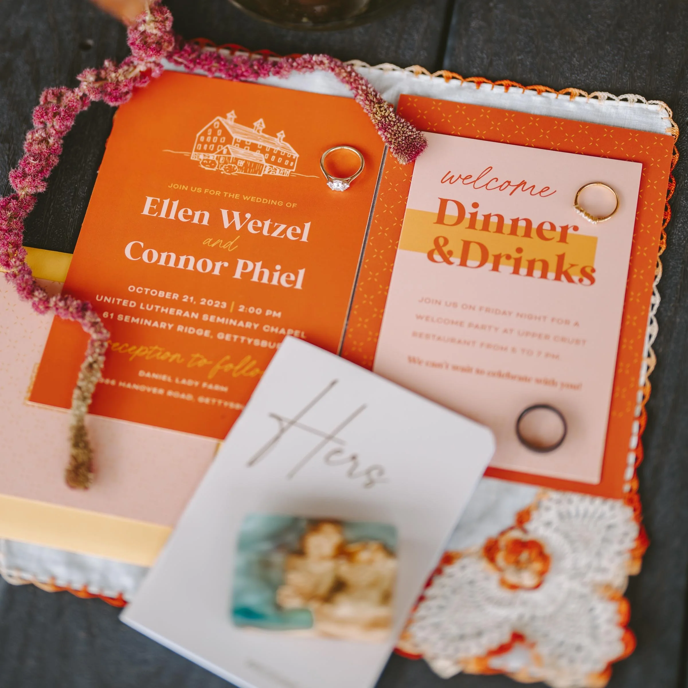 Flatlay of wedding invitation suite