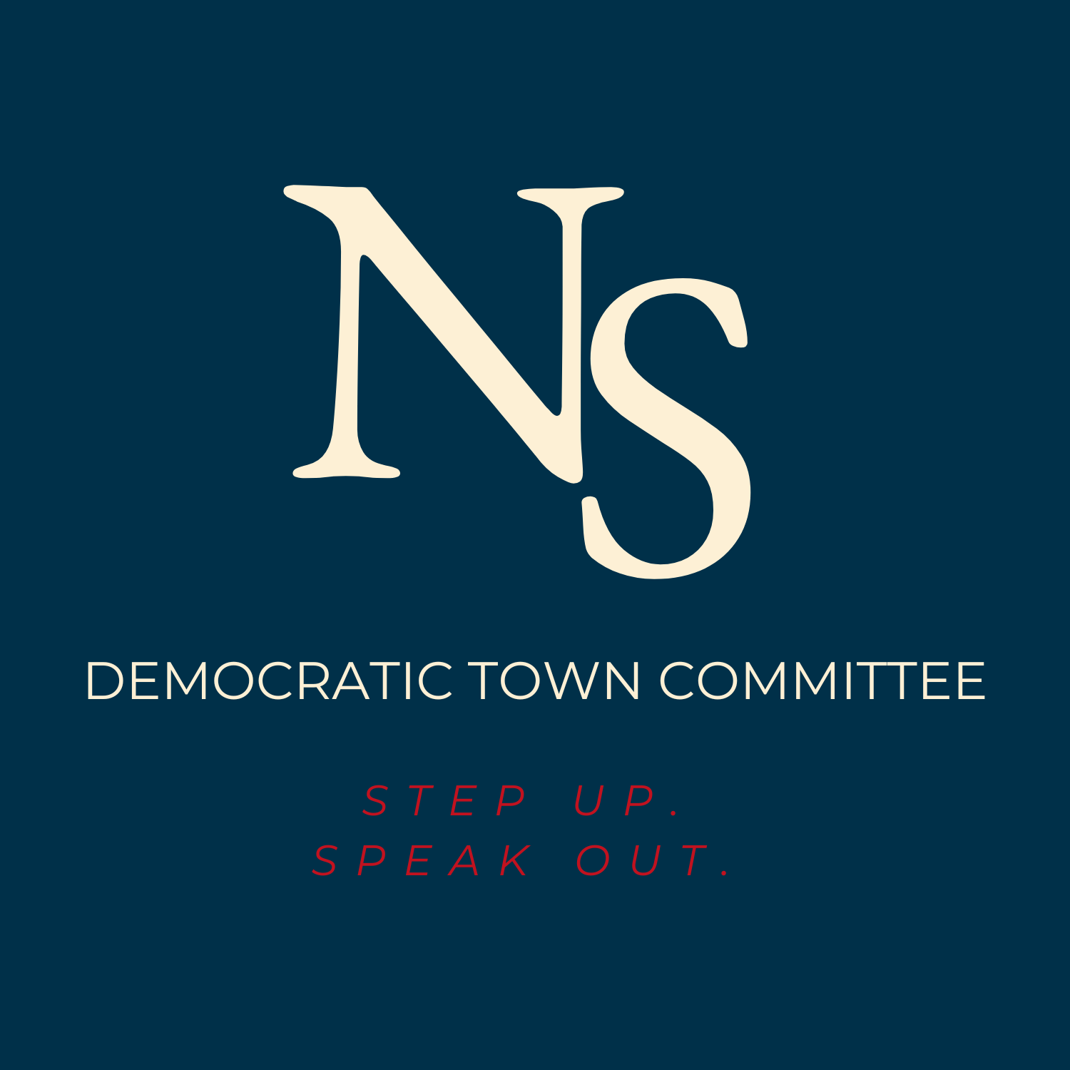 Logo for Democratic Town Committee with initials 'DS' on a dark blue background and the slogan 'Step Up. Speak Out.' in red.