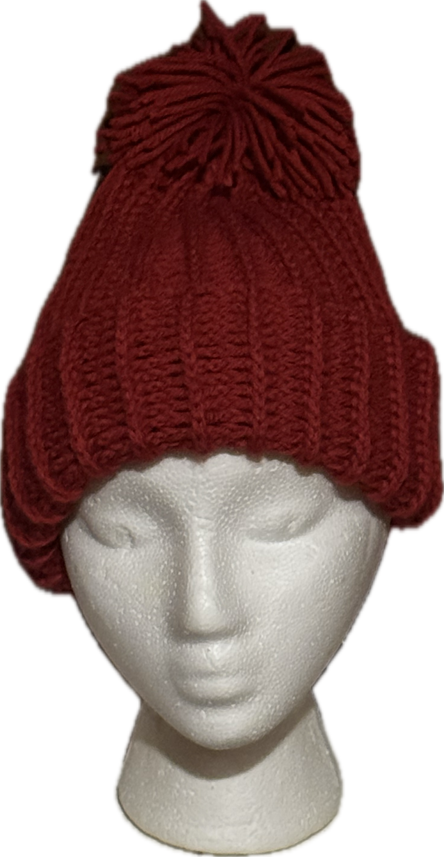 Red crochet beanie hat with pom-pom.