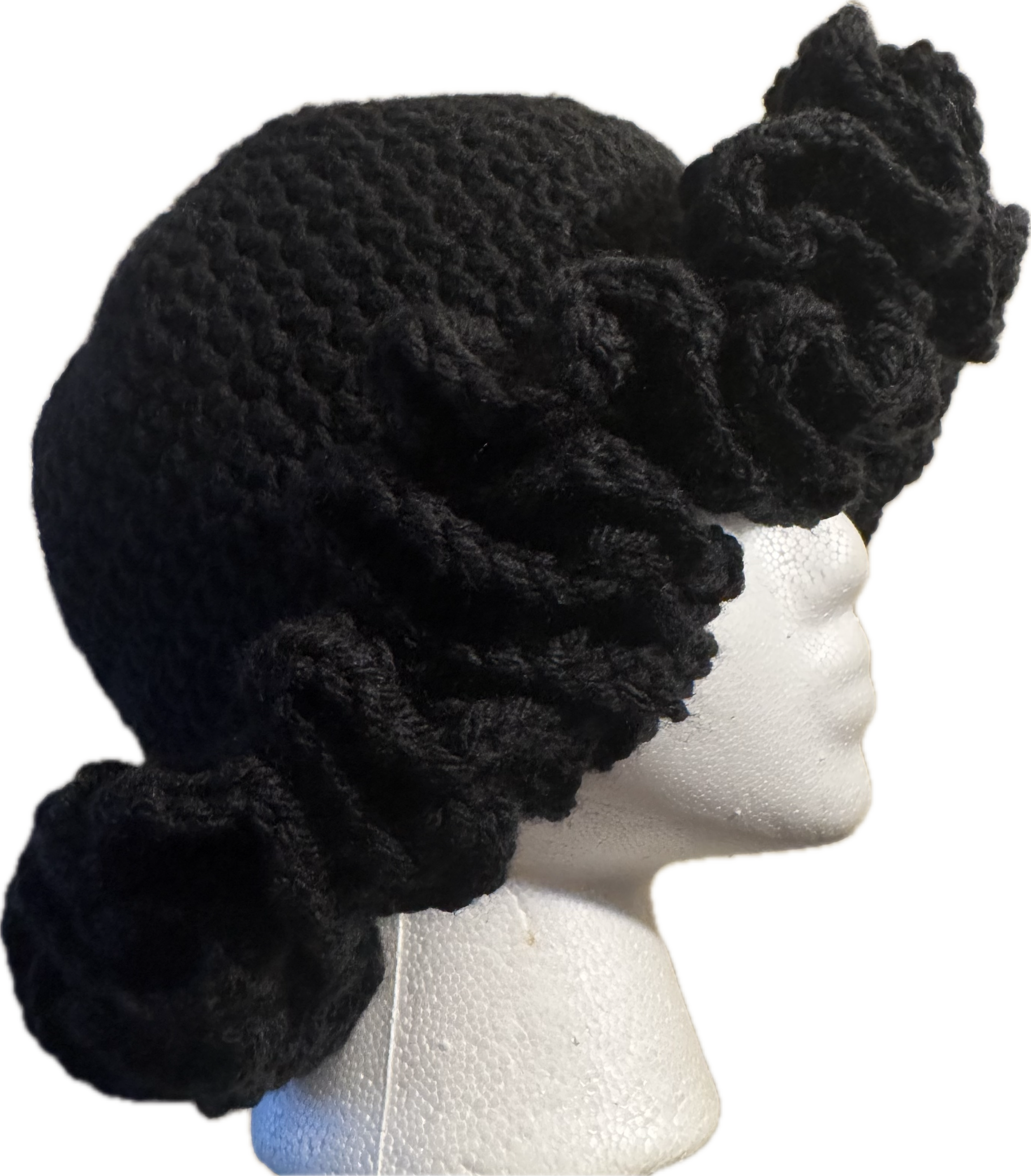 A black large ruffle crochet bucket hat.