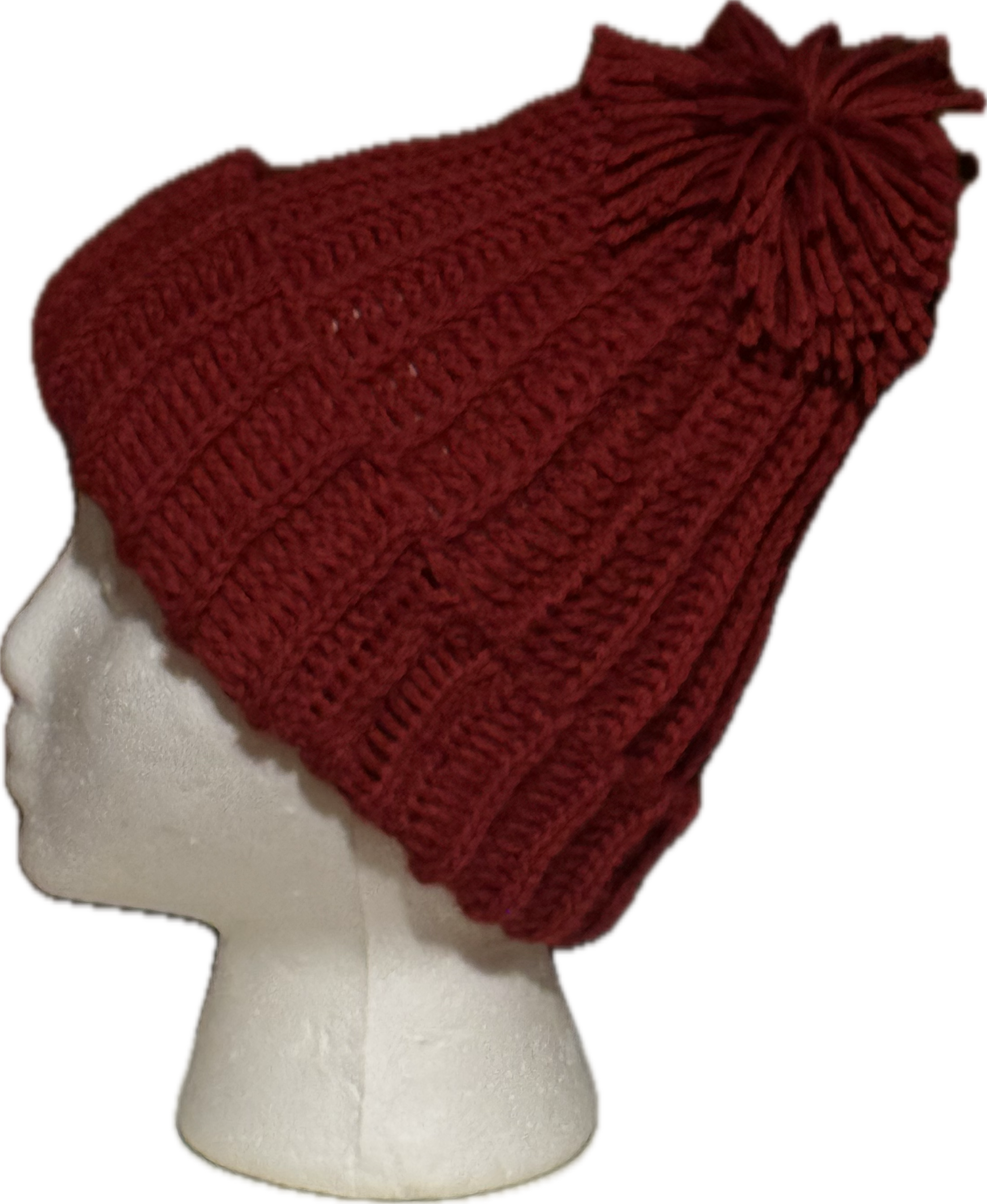 Red crochet winter beanie with pom-pom.