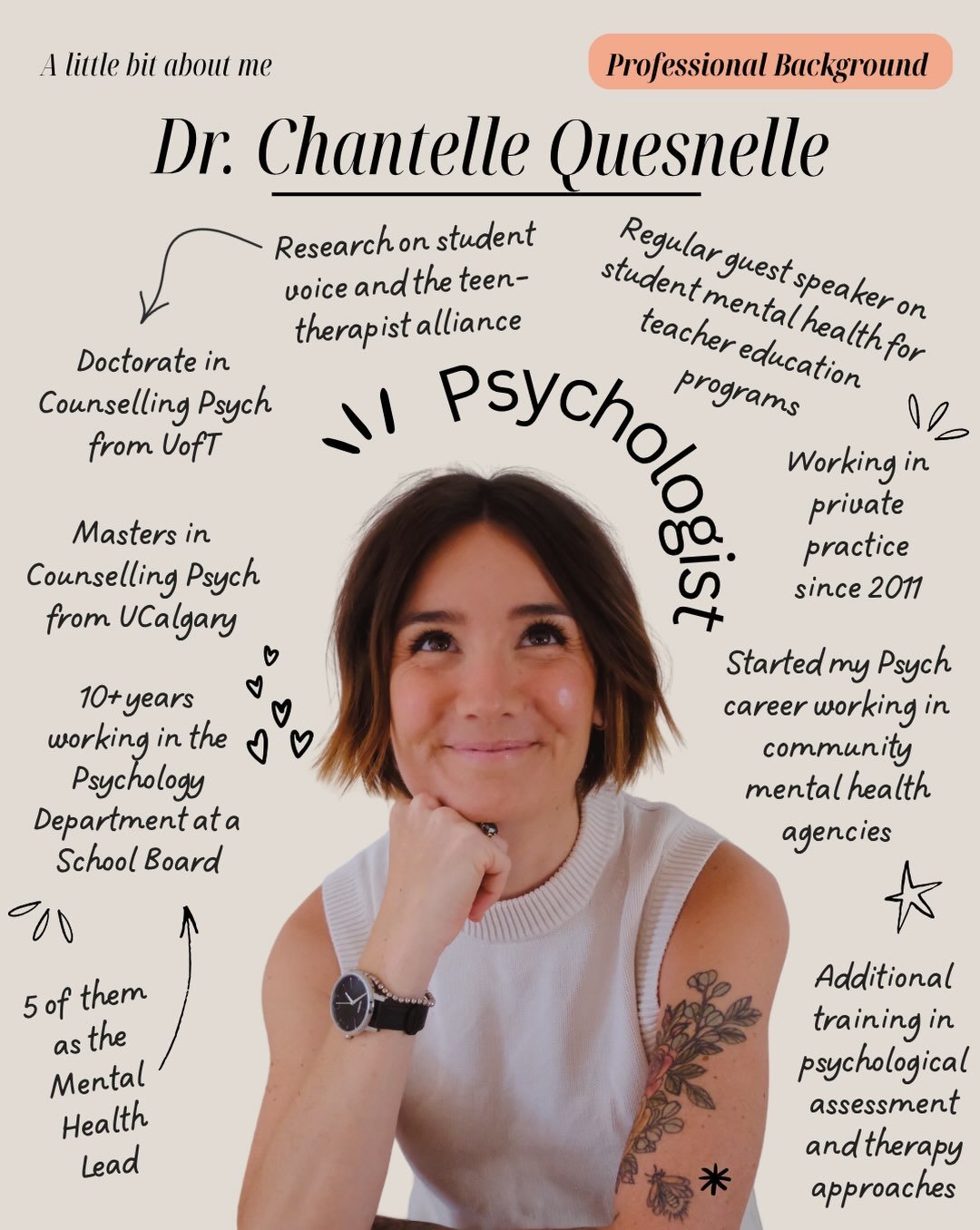 Hi, I&rsquo;m Chantelle. Nice to meet you!

I&rsquo;m a psychologist with over a decade of experience in the field of mental health. I have a Doctorate in Counselling Psychology from U of T, and a whole lot of experience supporting children, teenager