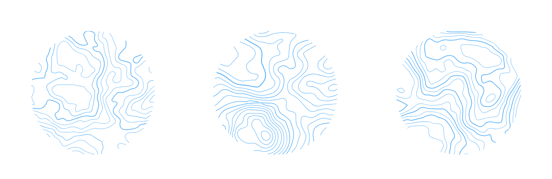 Three circular topographic maps with blue contour lines on a black background.