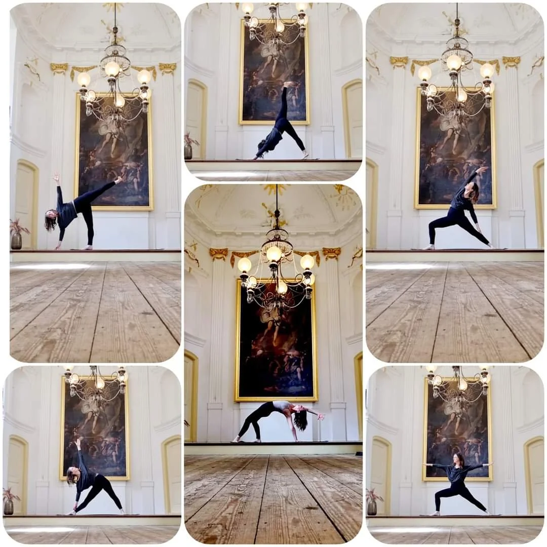 Collage of a woman practicing yoga poses in a historic, ornate room in a Church with large paintings, chandeliers, and wooden floors in Diemen.
