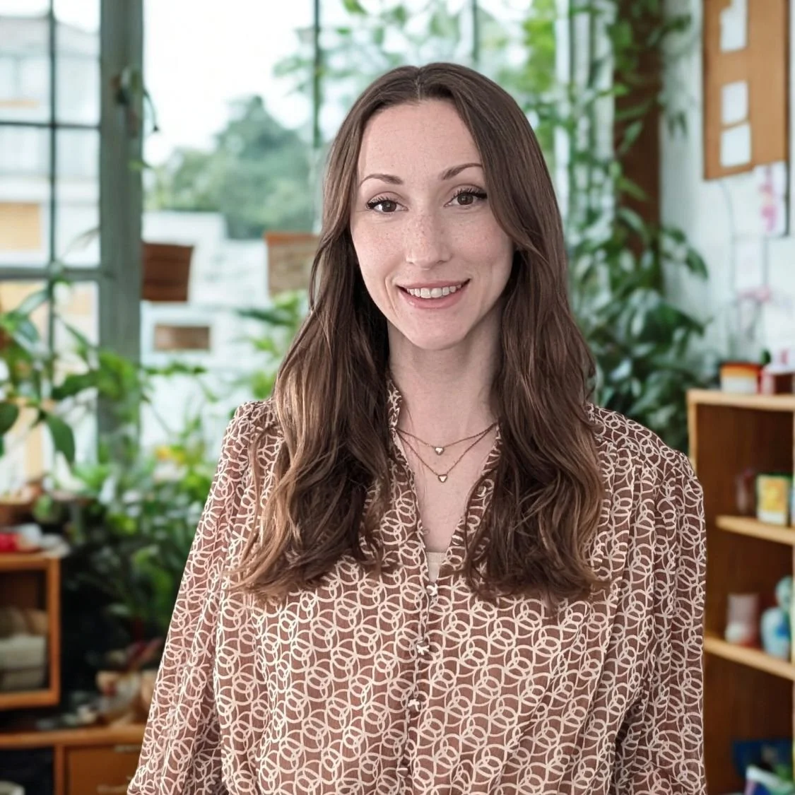 A woman with long brown hair smiling in an indoor garden or greenhouse setting with plants and wooden shelves in the background.