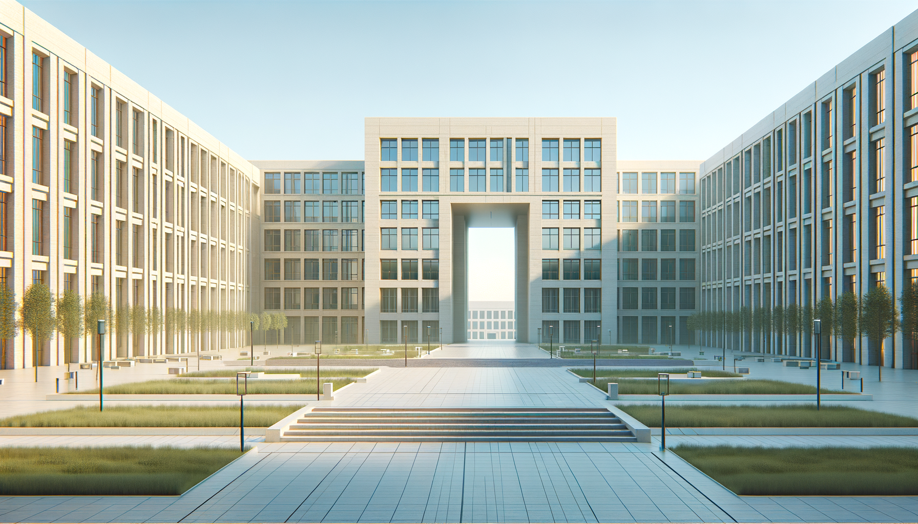 Modern university or office campus with symmetrical buildings, an open courtyard, trees, benches, and a central pathway leading through an archway in a bright, clear day.