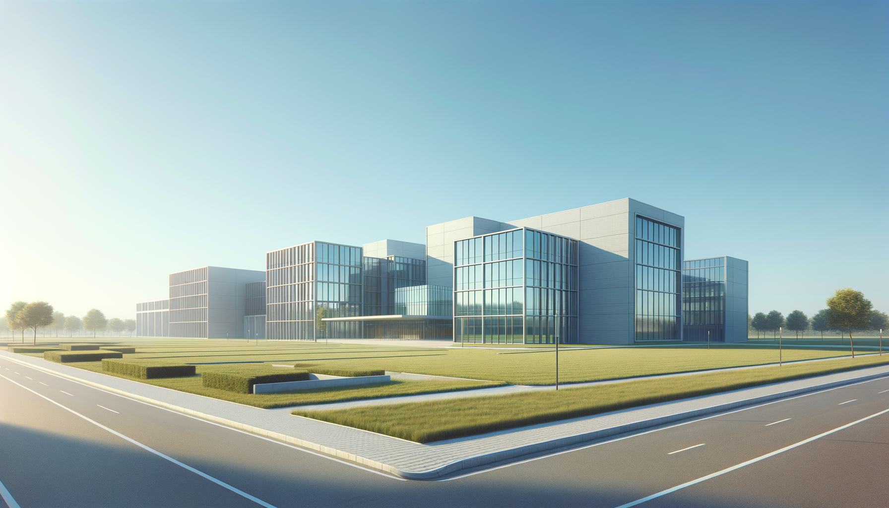 Modern office building with large glass windows, surrounded by green lawns, trees, and empty roads under a clear blue sky.