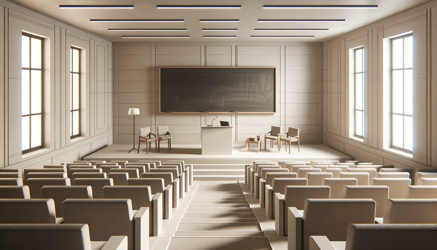 An empty lecture hall with rows of beige seats facing a stage with a chalkboard, a podium, four chairs, a small table, and a standing lamp. Large windows on either side let in natural light. The walls are decorated with paneling, and the ceiling has evenly spaced lighting strips.