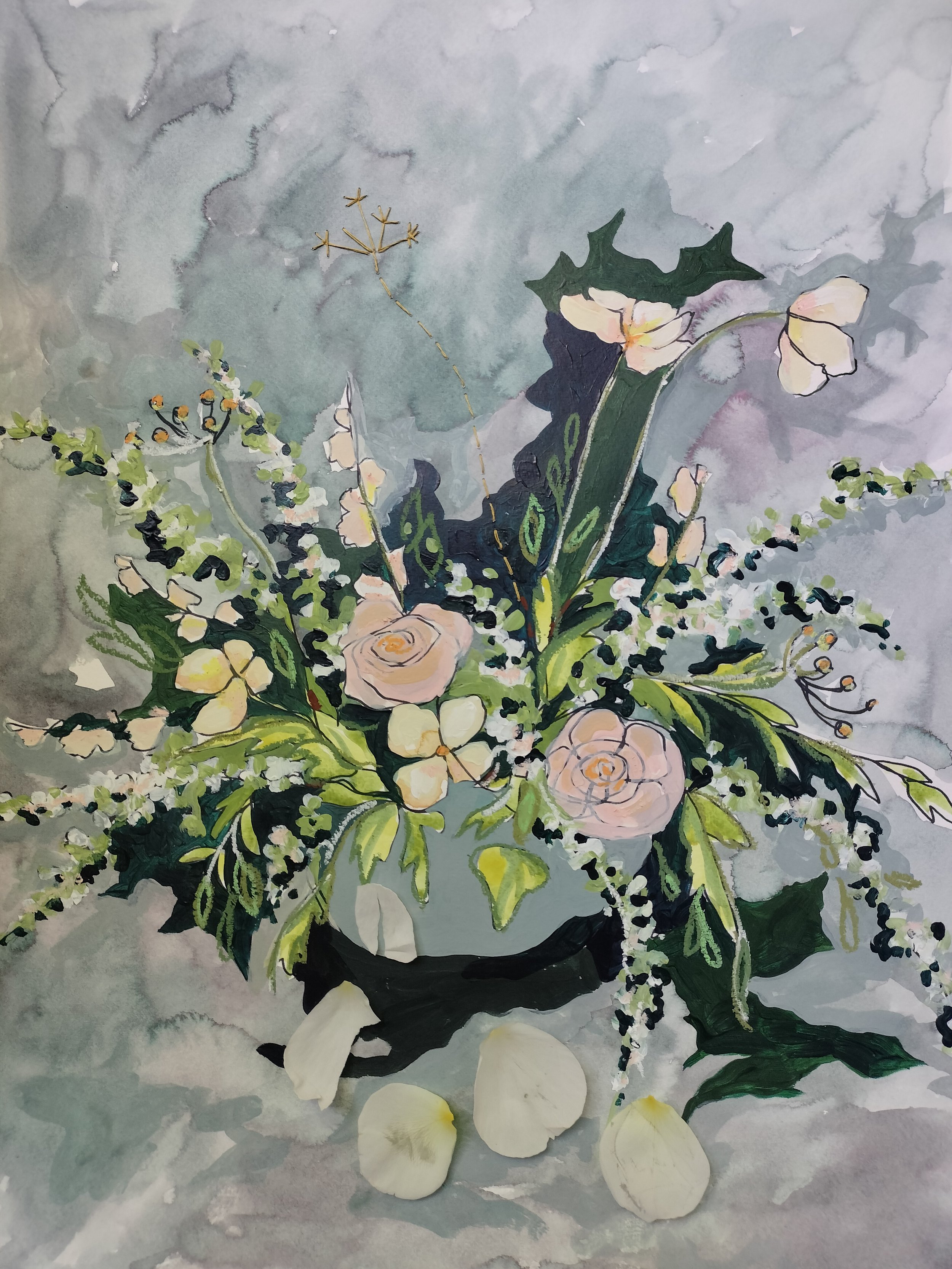 Watercolor painting of a floral bouquet in a black vase with white flower petals scattered around, set against a gray background.