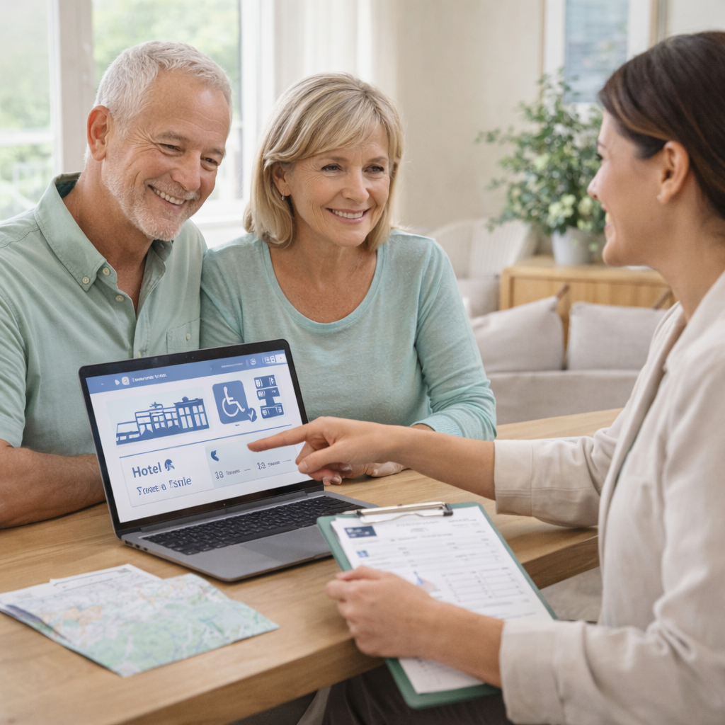 A couple consulting with a travel agent about booking a hotel, with a hotel booking website displayed on a laptop.