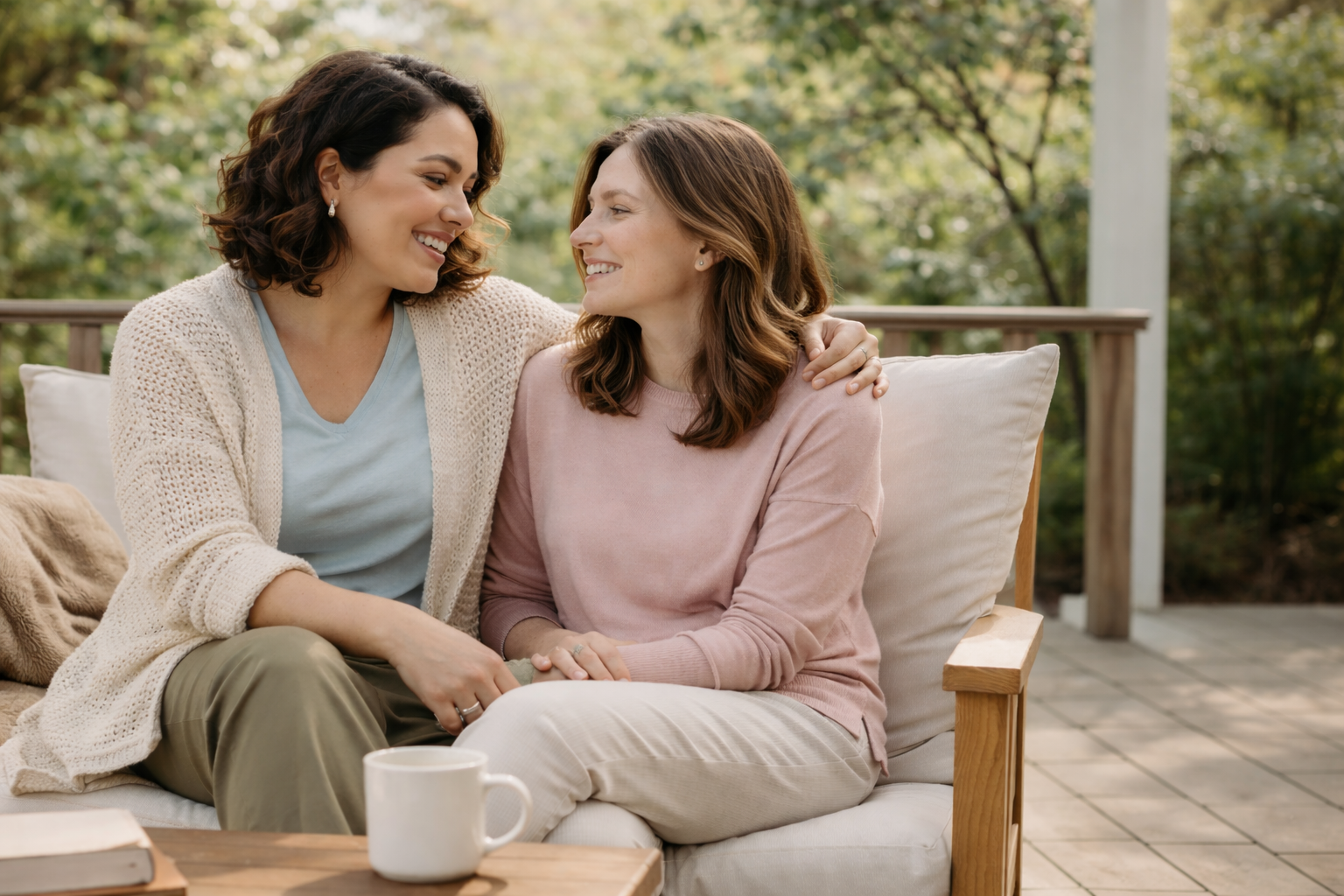 Two women sitting close together on an outdoor porch, smiling and leaning towards each other, with trees in the background.