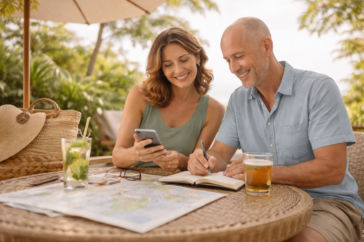 A middle-aged man and woman sitting at an outdoor table, looking at a smartphone together and smiling. The table has a map, glasses, and drinks on it, with a large straw hat and woven bag next to them. There is greenery in the background.