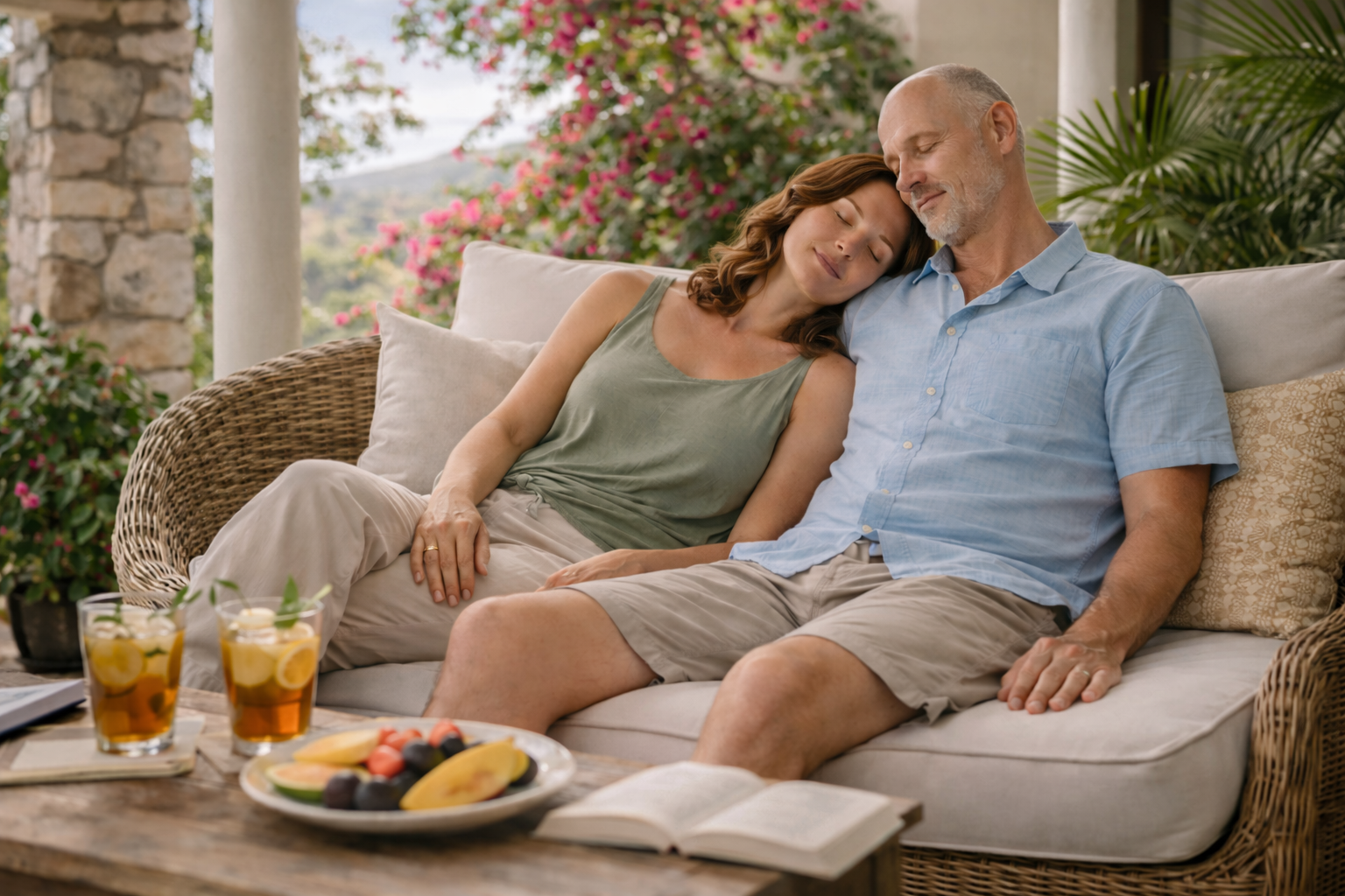 A woman and a man sitting closely on an outdoor wicker sofa, resting with eyes closed, surrounded by plants and pink flowers, with drinks and fruit on a table in front of them.