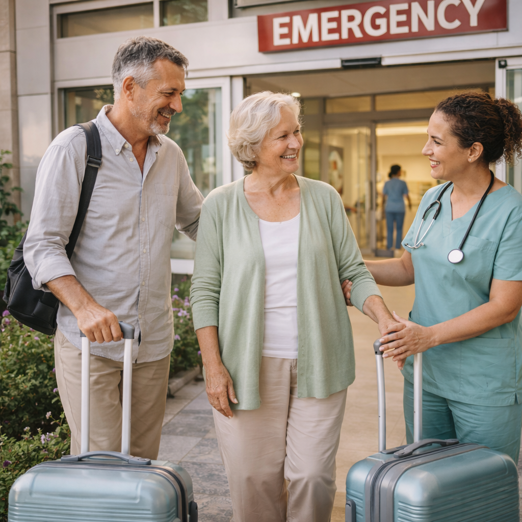 A smiling elderly woman with gray hair talking to a male and female healthcare worker outside a hospital emergency entrance. The woman is holding a suitcase, and the healthcare worker is holding her hand. The scene is friendly and welcoming.