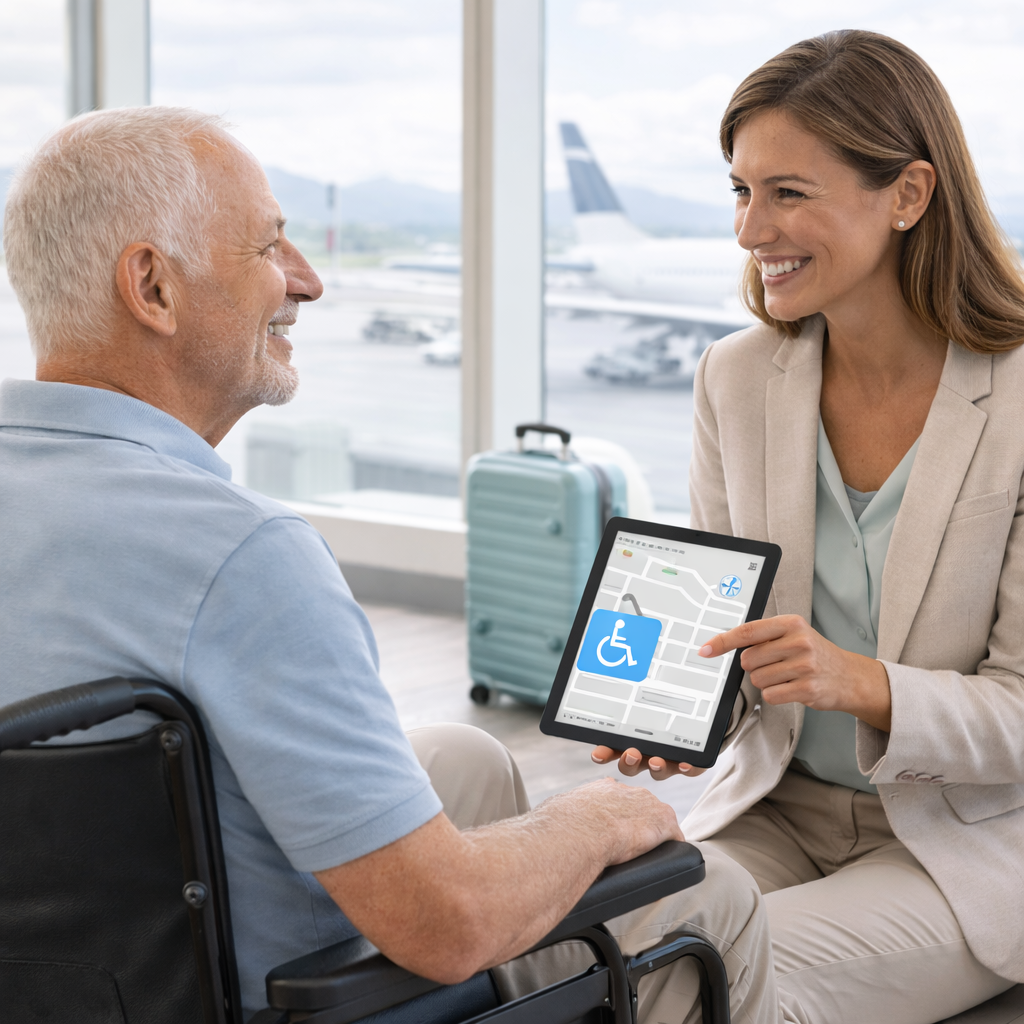 A woman is showing a tablet with a GPS map and wheelchair accessibility icon to an elderly man seated in a wheelchair at an airport with planes and luggage in the background.
