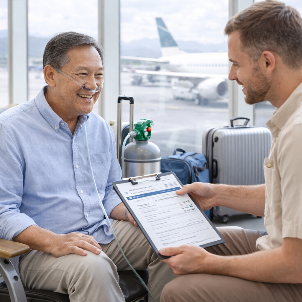 A patient with a nasal oxygen tube smiling at a healthcare worker at an airport, with luggage and an airplane visible outside the window.