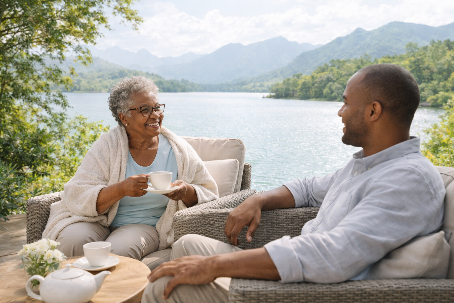 An elderly woman and a middle-aged man sitting outdoors by a lake with mountains in the background, smiling and enjoying tea.