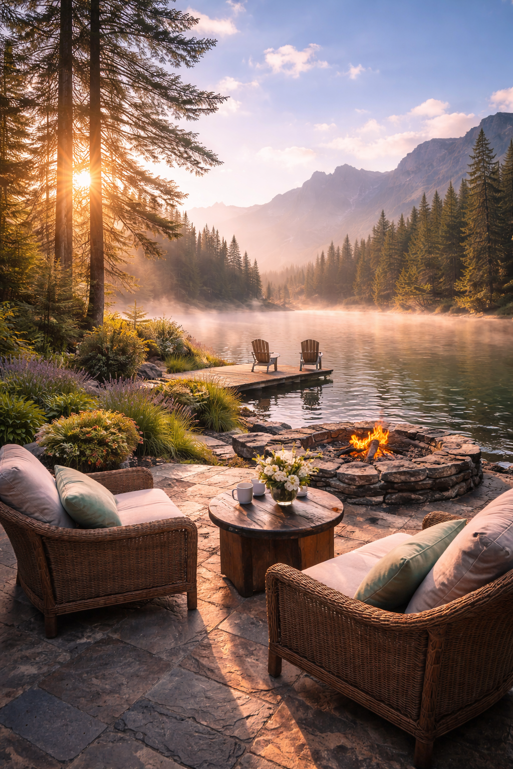 A lakeside scene at sunrise with outdoor seating, a fire pit, and Adirondack chairs overlooking a misty lake surrounded by pine trees and mountains.
