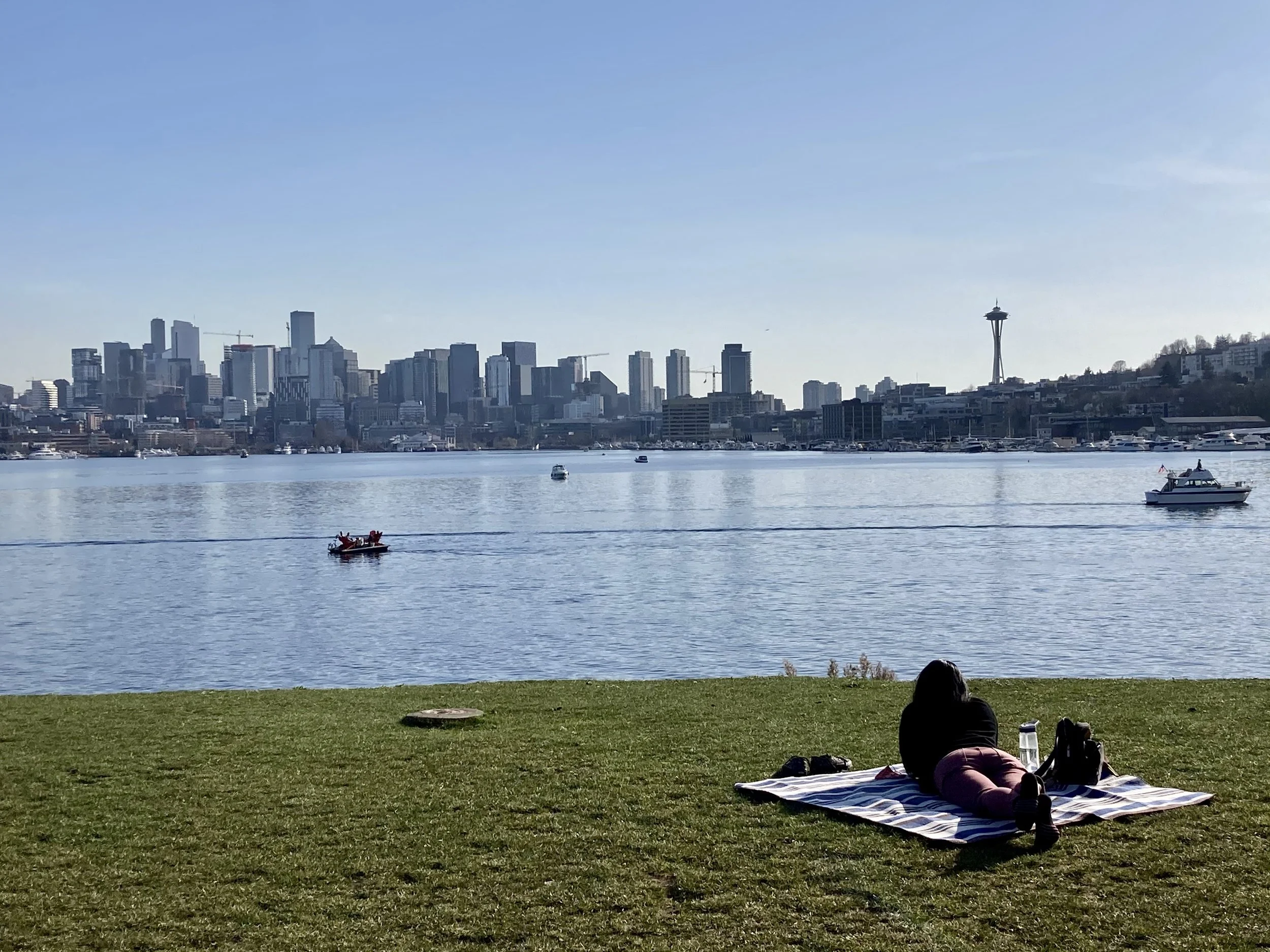 Person lying on a striped blanket on grass near the water, with the Seattle skyline and the Space Needle in the background, during a clear day.