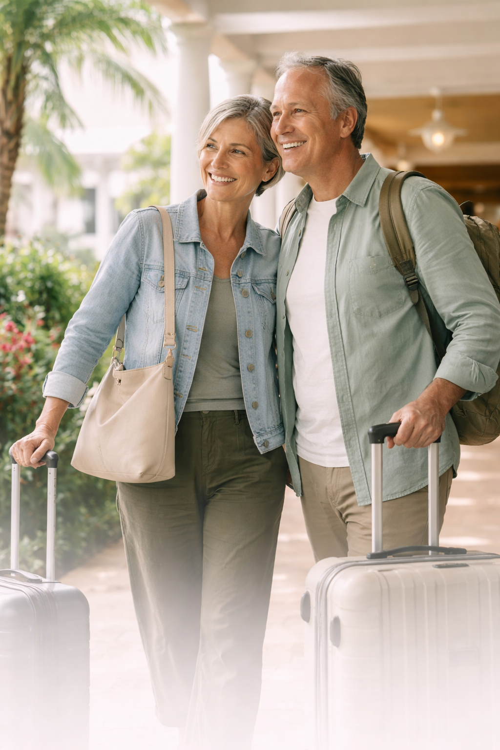 Smiling senior couple with suitcases at airport, woman with beige shoulder bag, man with backpack, both carrying rolling luggage.