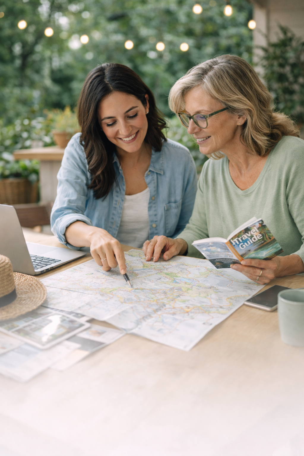 Two women planning a trip, looking at a map, with travel guide and laptop on the table in an outdoor setting.