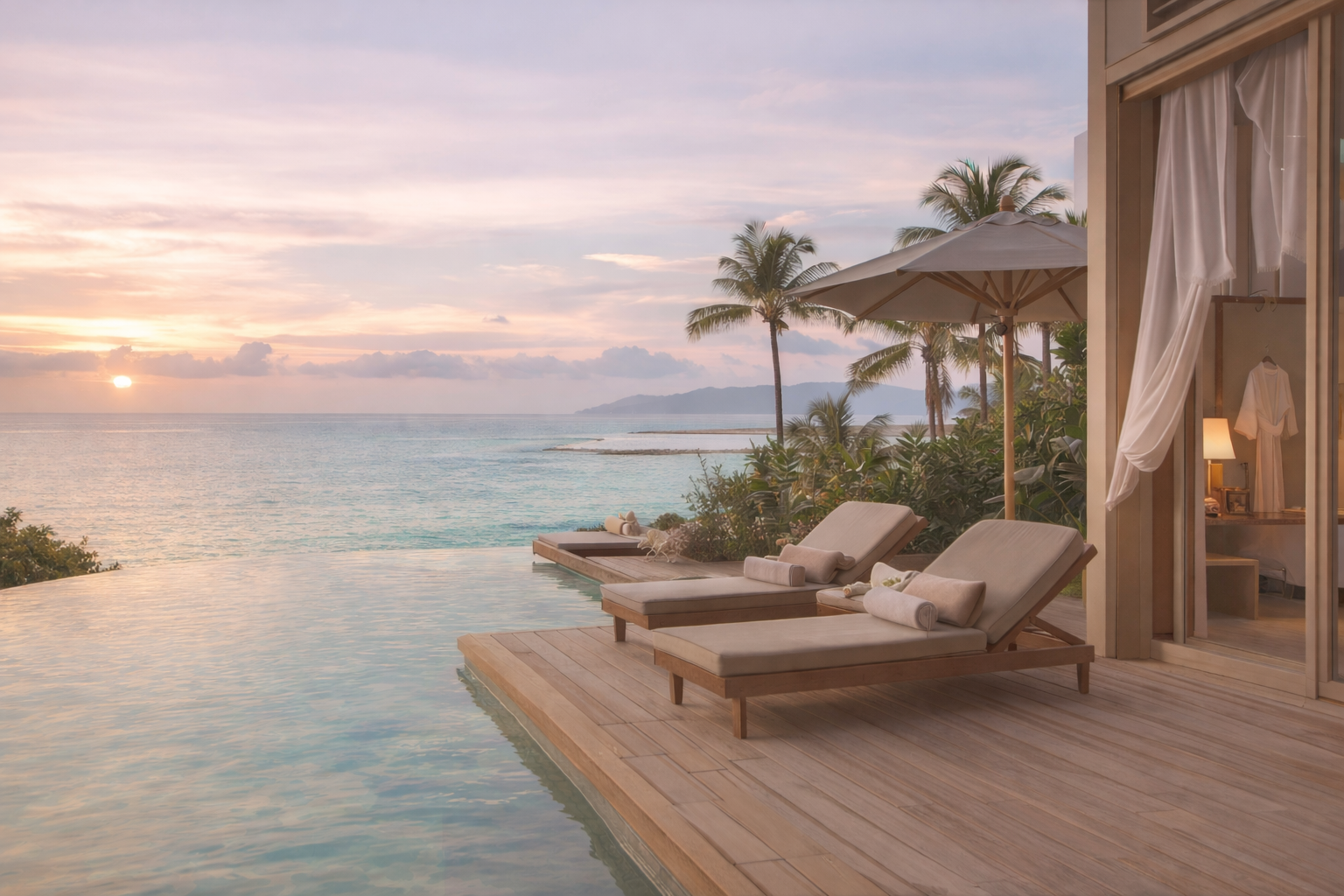 Luxury beachfront resort balcony with two lounge chairs, towels, and an infinity pool overlooking the ocean at sunset, with palm trees and a distant mountain in the background.