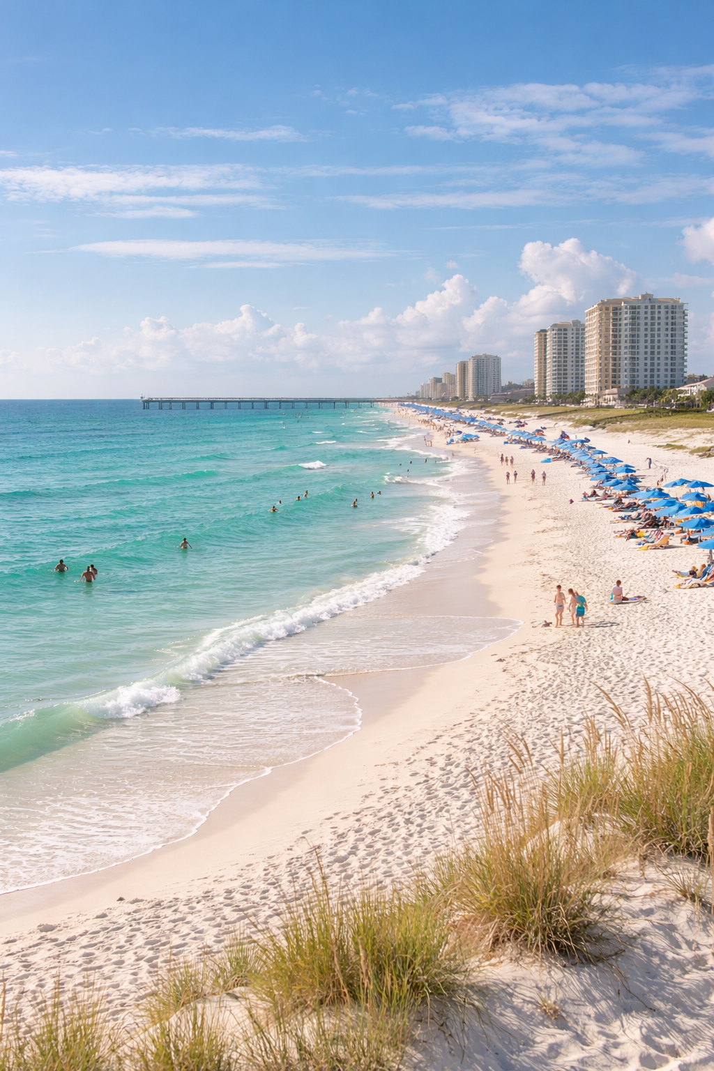 Sunny beach with turquoise water, white sand, blue umbrellas, people swimming and sunbathing, and high-rise buildings in the background.
