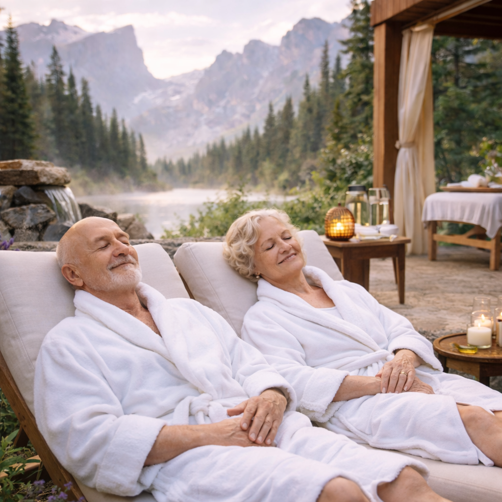 Senior couple relaxing outdoors in robes on lounge chairs near a river with mountains and trees in the background