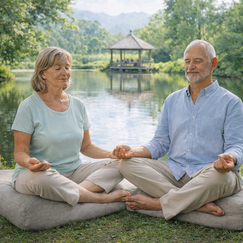 An elderly couple practicing meditation outdoors by a lake with a pavilion in the background.
