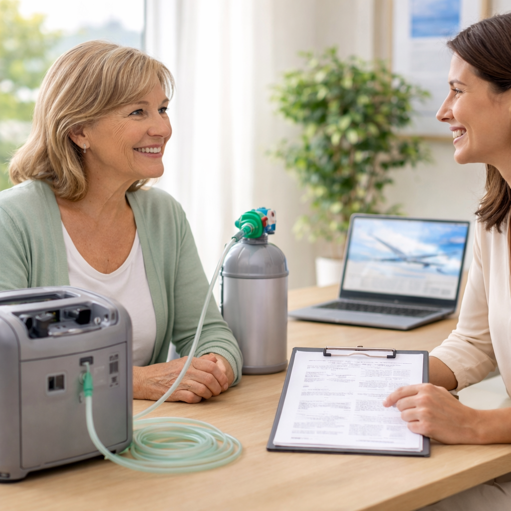A woman in a white shirt and another woman in a light green cardigan talking across a table with medical equipment, including a portable oxygen concentrator, and a laptop in a bright room with a window and a green plant.