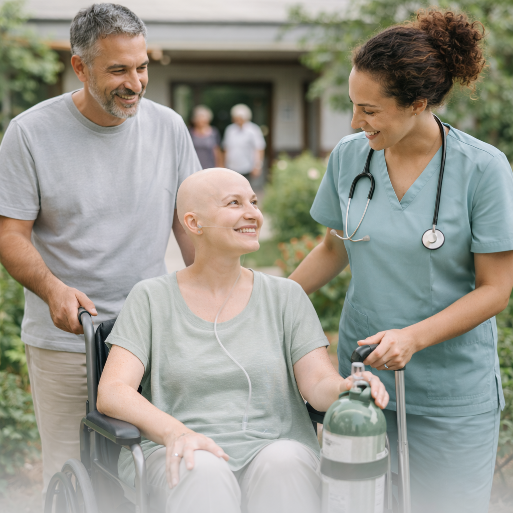 A woman in a wheelchair with a bald head, surrounded by a man and a nurse. The woman is smiling and holding an oxygen tank, the man is pushing her wheelchair, and the nurse is smiling at her, wearing scrubs and a stethoscope.