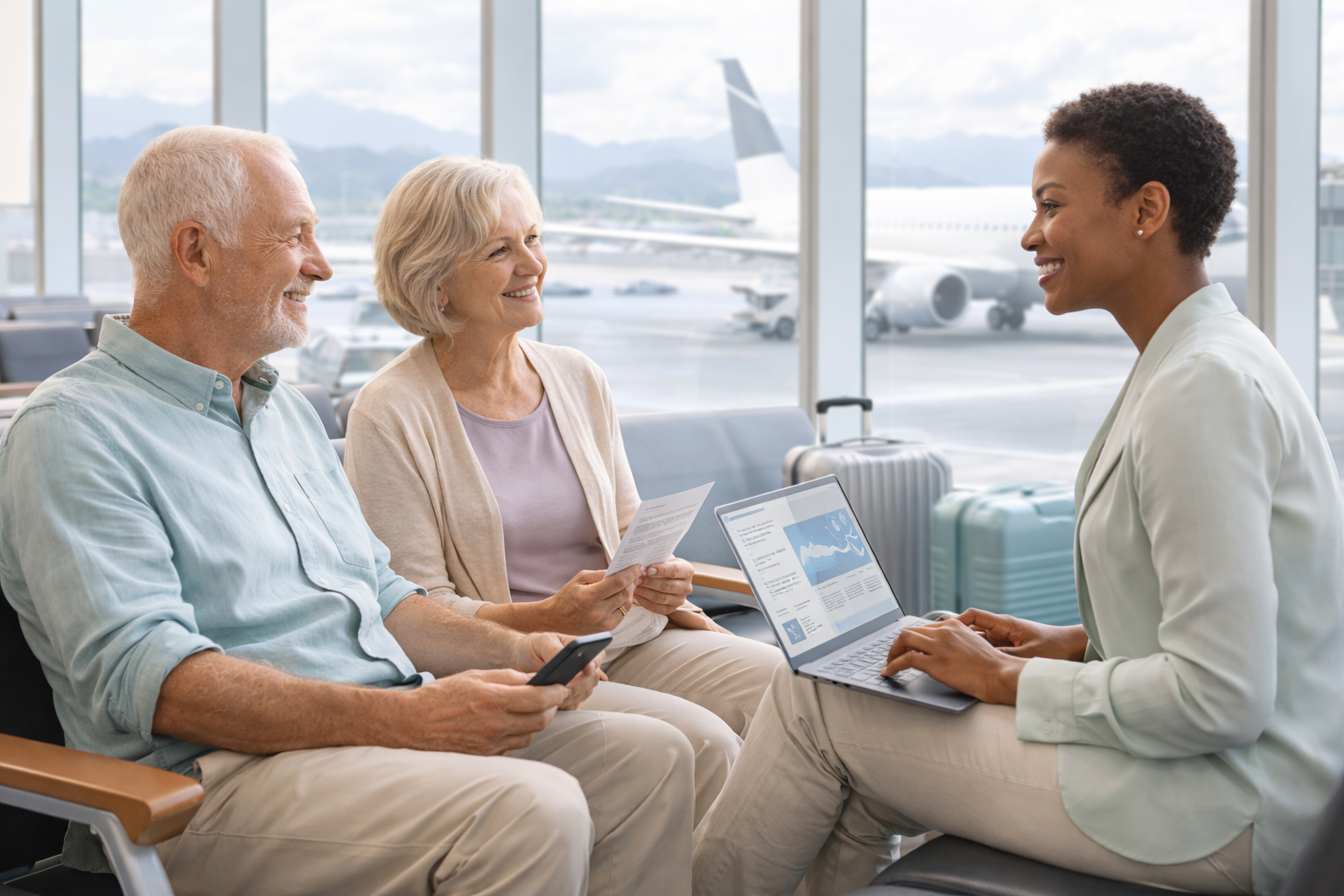 An airport waiting area with a man, woman, and a woman staff member sitting and talking. The staff is showing information on a laptop, and the background shows the airport tarmac and airplanes.