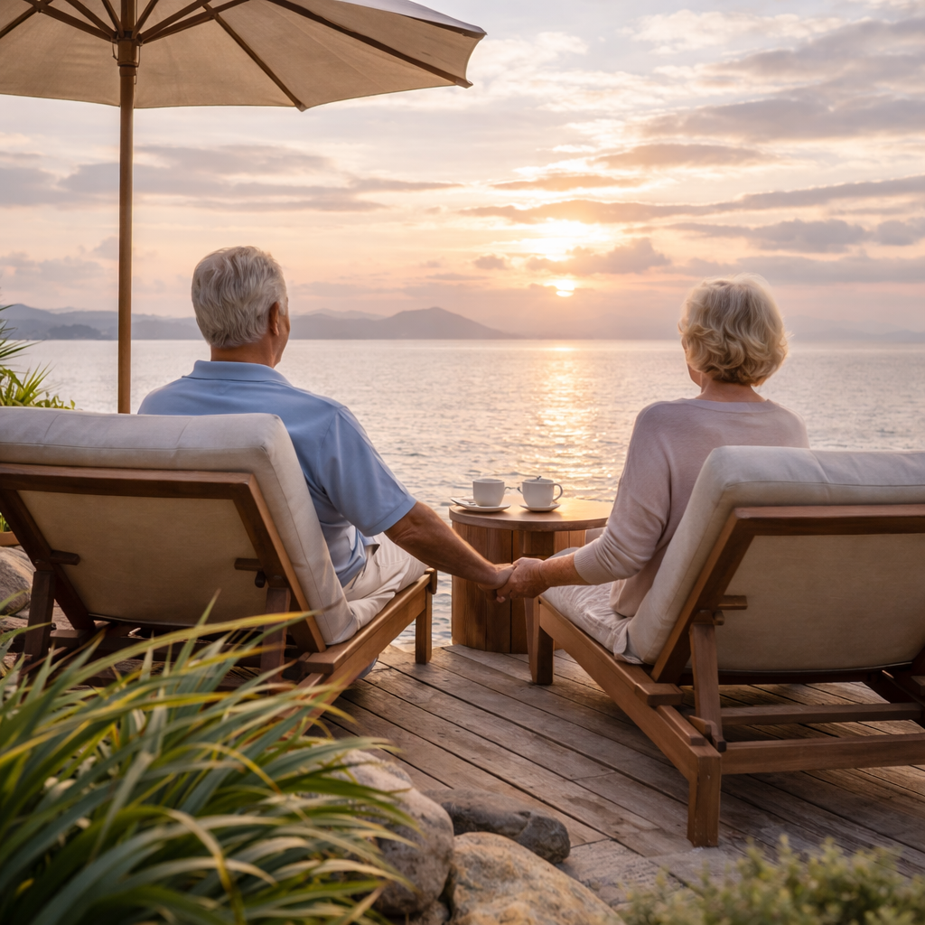 An elderly couple sitting together on lounge chairs on a wooden deck, holding hands, watching a sunset over the ocean, with umbrellas and cups of coffee nearby.