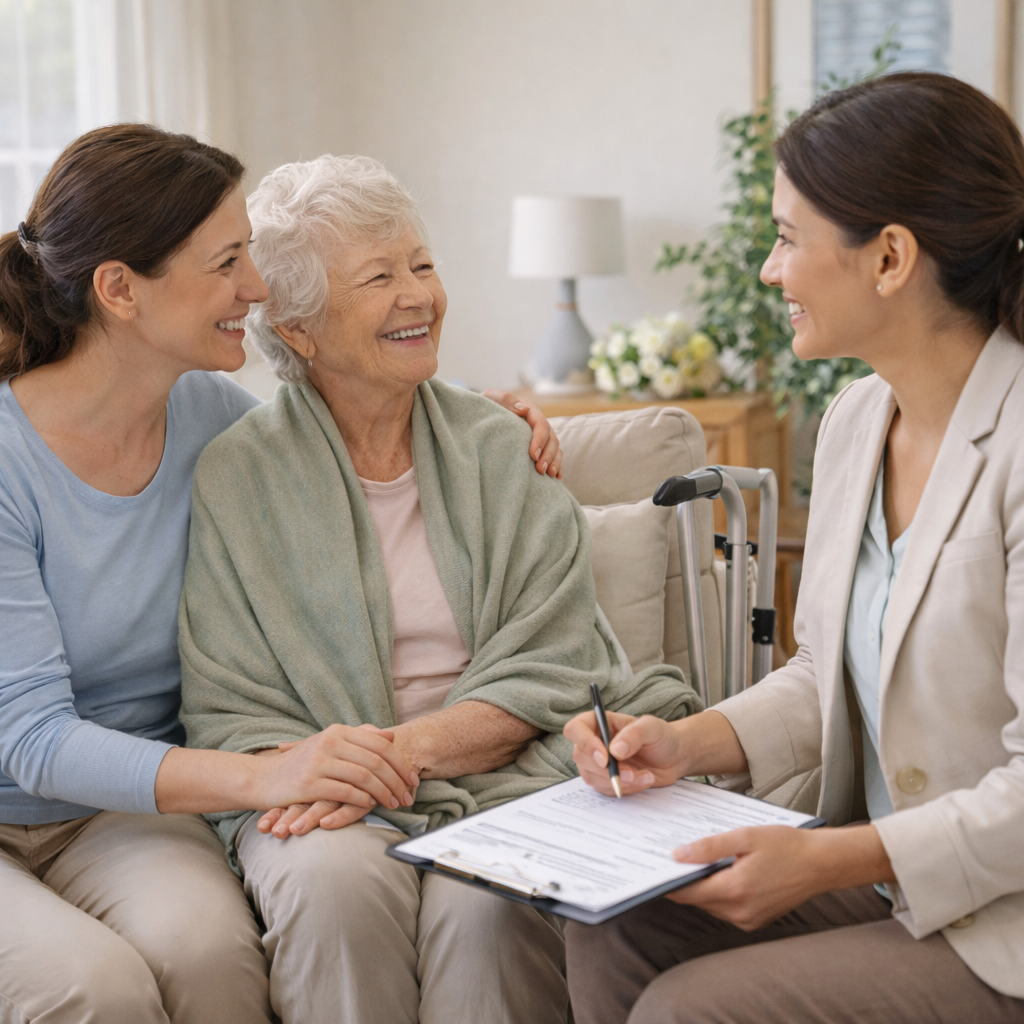 A doctor and two women, one elderly with a walker, smiling and talking in a cozy living room.