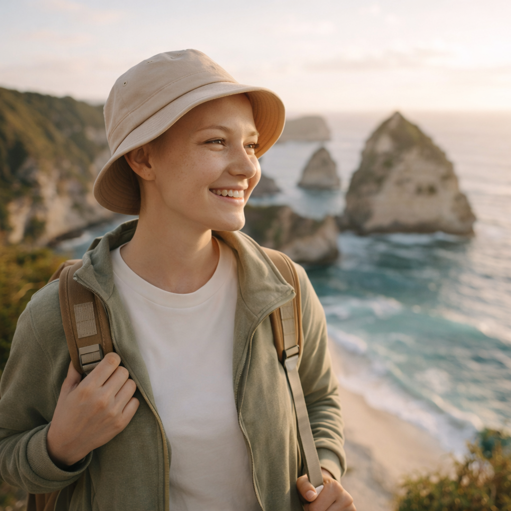 A young woman wearing a beige bucket hat and green jacket standing on a cliff overlooking the ocean with large rock formations in the background during sunset.