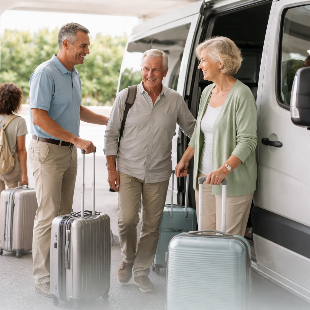 Smiling older man and woman with luggage chatting with younger man at airport terminal next to a van.