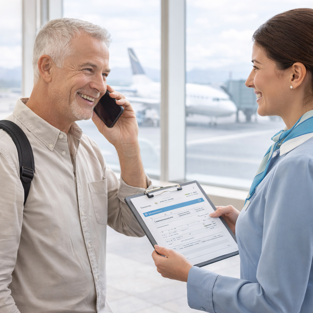 Smiling man at airport and airline staff member holding a clipboard with flight information.