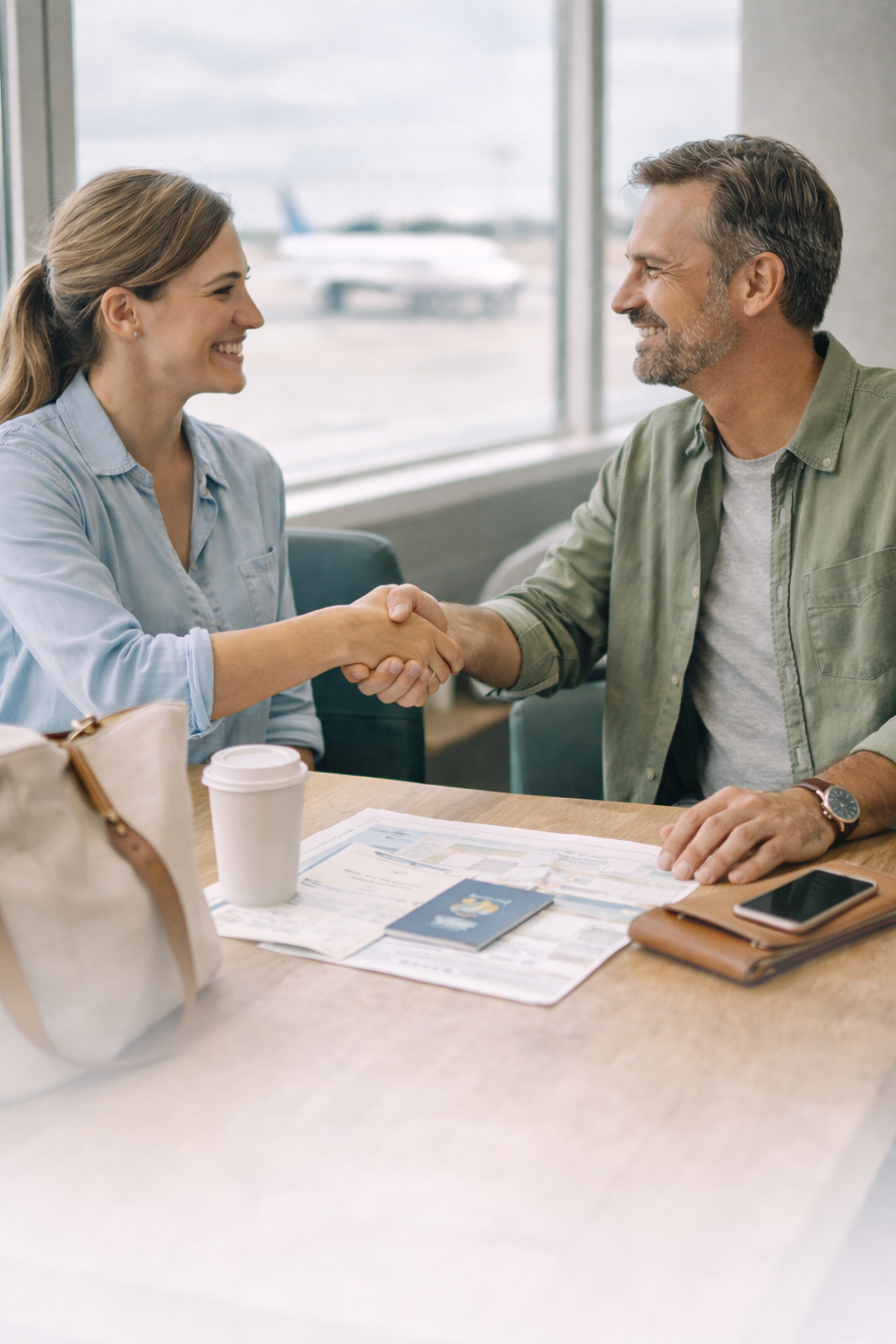 A woman and a man shaking hands at a table in an airport terminal, with an airplane visible through large windows in the background.