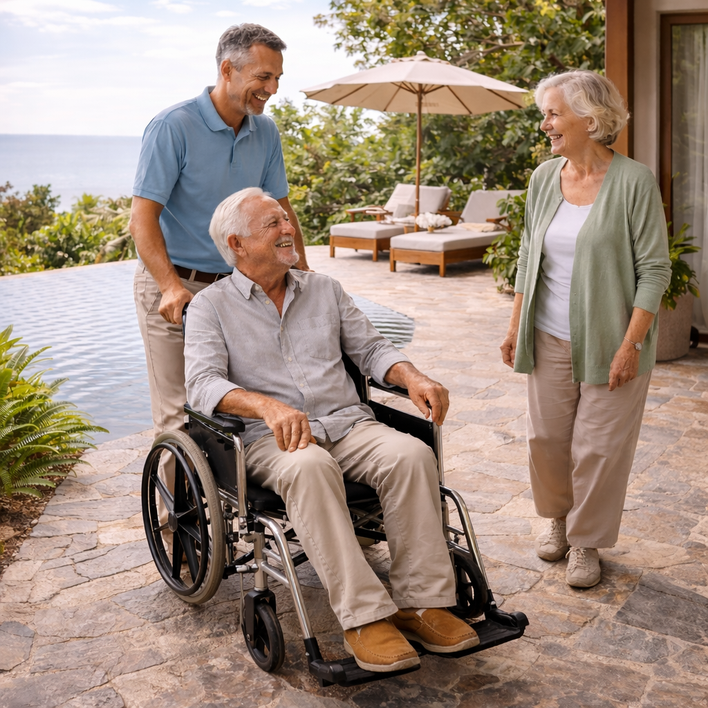 A happy elderly man in a wheelchair outdoors, being visited by a smiling middle-aged man and woman, with a scenic ocean view and outdoor furniture in the background.